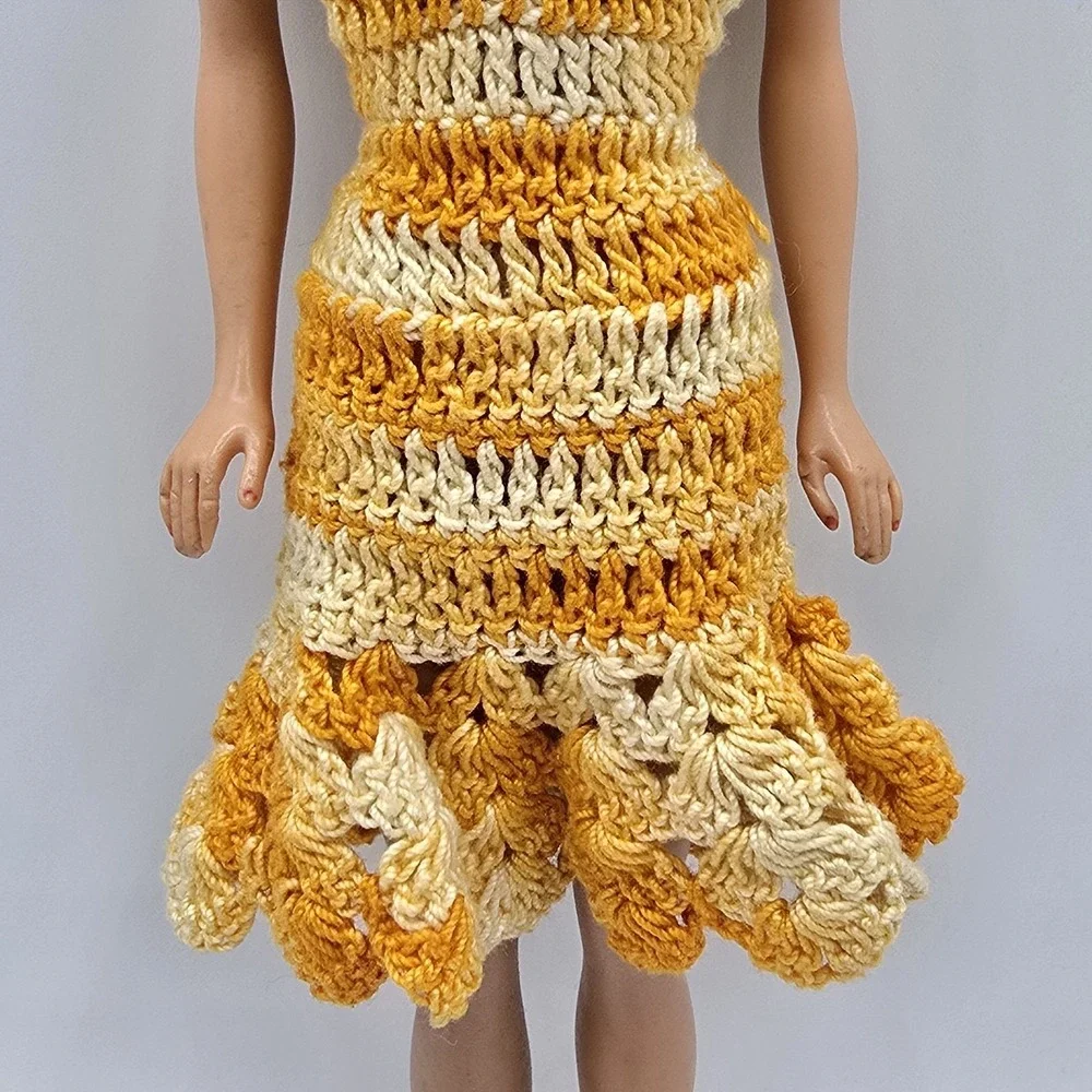 Vintage Barbie Fashion Doll Mommy Made Handmade Crochet Yellow White Dress